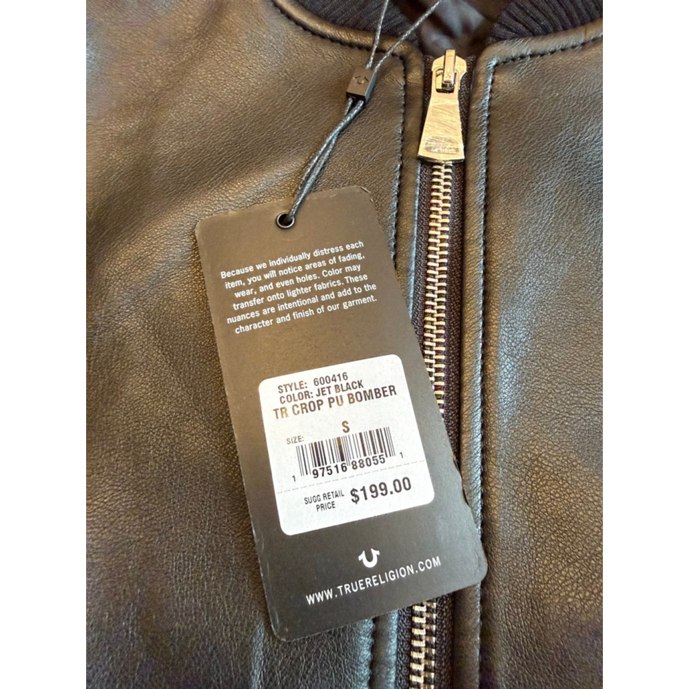 True Religion Black Faux Leather Cropped Bomber Jacket S NWT - Picture 10 of 14